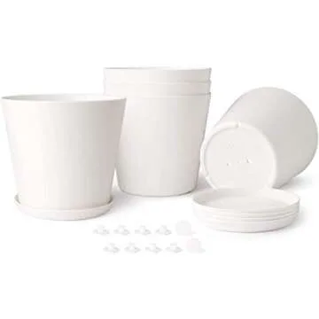 6.5" Plastic Pots for Plants with Trays, Indoor Set of 5 Plastic Planters Modern Flower Plant Pot with Drainage Hole for All House Plants, Herbs, Flowers, and Seeding Nursery, Cream White