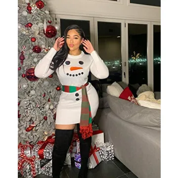 Tipsy Elves Christmas Sweater Dresses for Women - Cute Winter Themed Dresses - Instant Holiday Outfits - Women's Easy White Snowman Scarf Christmas Sweater Dress Size Medium