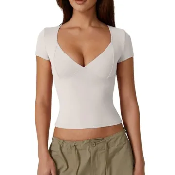 QINSEN Women's V Neck Seamed Cup Tee - Soft, Stylish & Body-Hugging