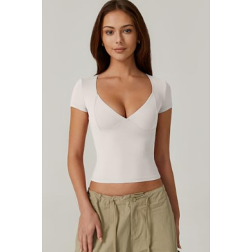 QINSEN Women's V Neck Seamed Cup Tee - Soft & Stylish