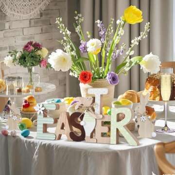 WellSign Easter Wooden Sign Party Decorations for Home, Farmhouse Easter Table Decor Bunny with Pomp...