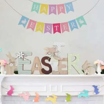 WellSign Easter Wooden Sign Party Decorations for Home, Farmhouse Easter Table Decor Bunny with Pompom Ball for Tiered Tray Tabletop Shelf Mantel Party Outdoor Indoor