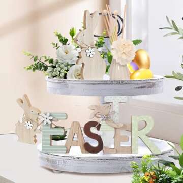 WellSign Easter Wooden Sign Party Decorations for Home, Farmhouse Easter Table Decor Bunny with Pompom Ball for Tiered Tray Tabletop Shelf Mantel Party Outdoor Indoor
