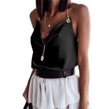 SOFIA'S CHOICE Women's Satin Cowl Neck Camisole Chain Halter Tops Backless Blouses Black02 Medium