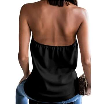 SOFIA'S CHOICE Women's Satin Cowl Neck Camisole Chain Halter Tops Backless Blouses Black02 Medium