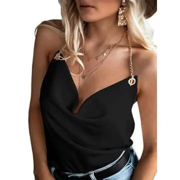 SOFIA'S CHOICE Women's Satin Cowl Neck Camisole Chain Halter Tops Backless Blouses Black02 Medium