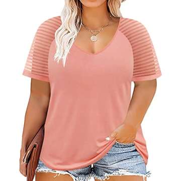 TIYOMI Women Plus Size Tops Lace Raglan Short Sleeve Summer V Neck Raglan Plain Solid Color Striped ...