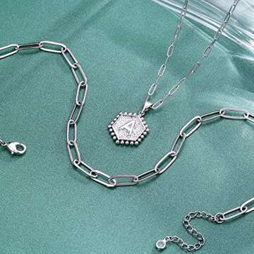 M MOOHAM Silver Necklaces for Women - Necklaces for Women Cute Hexagon Letter Initial M Necklace Choker Necklaces Silver Layered Necklaces for Women