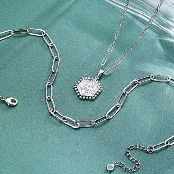 M MOOHAM Silver Necklaces for Women - Necklaces for Women Cute Hexagon Letter Initial M Necklace Choker Necklaces Silver Layered Necklaces for Women
