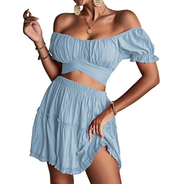 LYANER Women's 2 Piece Off Shoulder Crop Top and Mini Skirt Set - Light Blue, Small
