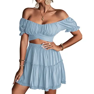 LYANER Women's Off Shoulder 2 Piece Outfit Light Blue