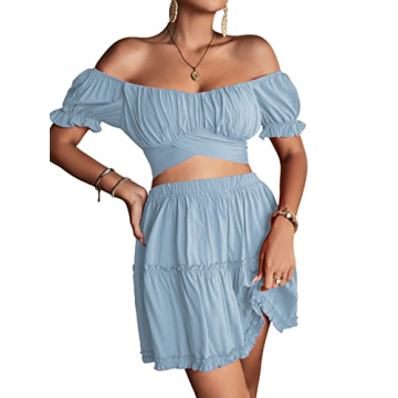 LYANER Women's Off Shoulder 2 Piece Outfit Light Blue