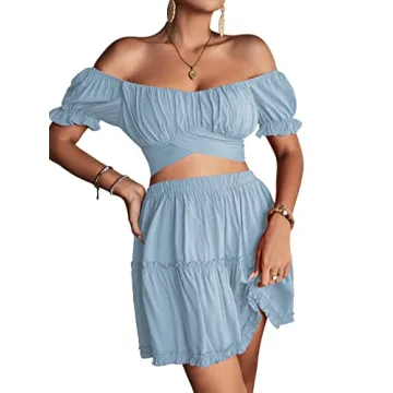 LYANER Women's Off Shoulder 2 Piece Outfit Light Blue
