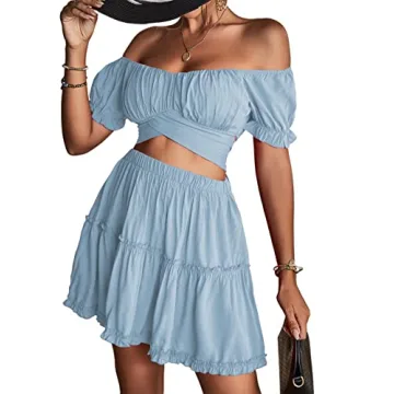 LYANER Women's Off Shoulder 2 Piece Outfit Light Blue