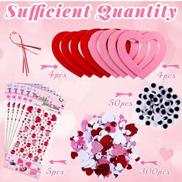 8 Sets Valentine Foam Wreath Craft Kit DIY Foam Valentine's Day Ornaments Craft Kit Assorted Foam Heart Stickers Heart Tags Googly Eyes Valentine Craft Kit for Classroom Activity, Various Colors