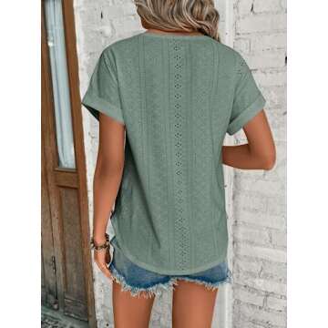 Bliwov Womens Tops Eyelet Embroidery Summer Spring Crewneck Curved Hem 2025 Loose Casual Short Sleev...