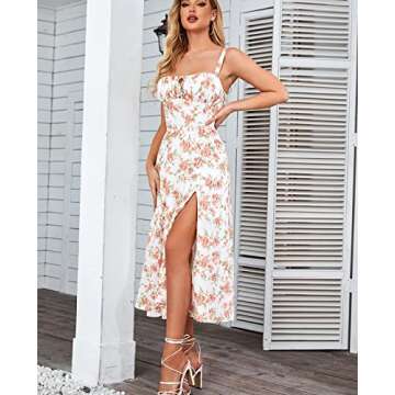 Floral Midi Corset Dress Boho Flowy Slit Lace Up Dresses for Women Going Out A Line Casual Sundress Rose