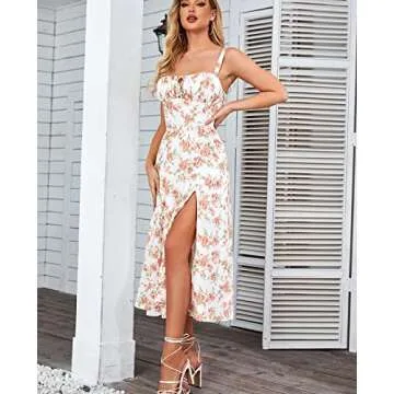 Floral Midi Corset Dress Boho Flowy Slit Lace Up Dresses for Women Going Out A Line Casual Sundress Rose