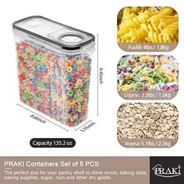 PRAKI 5PCS Cereal Containers Storage Set, BPA Free Airtight Food Storage Container Set with Lids, Ki...