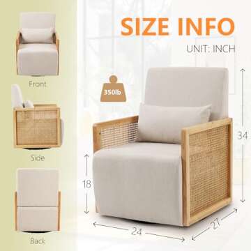 Dolonm Swivel Sofa Chair with Rattan Armrests and Waist Pillow, Modern Upholstered Accent Chair, Linen Sofa Chair for Living Room, Bedroom, Game Room, Home Office or Lounge, Beige