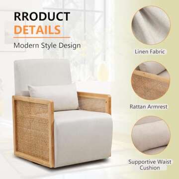 Dolonm Swivel Sofa Chair with Rattan Armrests and Waist Pillow, Modern Upholstered Accent Chair, Linen Sofa Chair for Living Room, Bedroom, Game Room, Home Office or Lounge, Beige