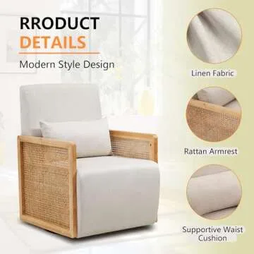 Dolonm Swivel Sofa Chair with Rattan Armrests and Waist Pillow, Modern Upholstered Accent Chair, Linen Sofa Chair for Living Room, Bedroom, Game Room, Home Office or Lounge, Beige