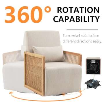 Dolonm Swivel Sofa Chair with Rattan Armrests and Waist Pillow, Modern Upholstered Accent Chair, Linen Sofa Chair for Living Room, Bedroom, Game Room, Home Office or Lounge, Beige