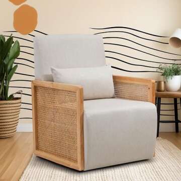 Dolonm Swivel Sofa Chair with Rattan Armrests and Waist Pillow, Modern Upholstered Accent Chair, Linen Sofa Chair for Living Room, Bedroom, Game Room, Home Office or Lounge, Beige