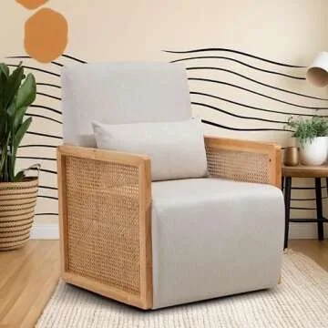 Dolonm Swivel Sofa Chair with Rattan Armrests and Waist Pillow, Modern Upholstered Accent Chair, Linen Sofa Chair for Living Room, Bedroom, Game Room, Home Office or Lounge, Beige