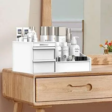 Makeup Desk Cosmetic Storage Box Organizer with Drawers for Dressing Table, Countertop, Bathroom Counter, Elegant Vanity Holder for Brushes, Eyeshadow, Lotions, Lipstick and Nail Polish (White)