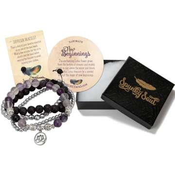 SPUNKYsoul Purple Fluorite Lotus New Beginnings Bracelet Hematite for healing Stack Bracelet Set Collection