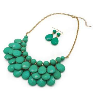 Jane Stone Fashion Bubble Layered Necklace Floating Teardrop Collar Statement Jewelry for Women(Fn0580-Emerald)