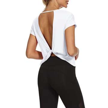 Mippo Workout Shirts Gym Tops Open Back Backless Top Athletic Gym Clothes Short Sleeve Work Out Tops for Women White S