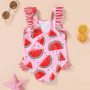 Tiny Cutey Toddler Girl Swimsuit Ruffled Stripe Sleeveless Swimwear One-Piece Baby Girl Bathing Suits (Pink-Watermelon, 3-4t)