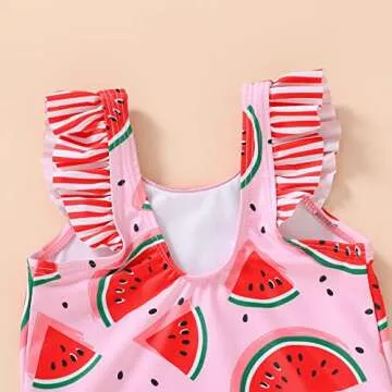 Tiny Cutey Toddler Girl Swimsuit Ruffled Stripe Sleeveless Swimwear One-Piece Baby Girl Bathing Suits (Pink-Watermelon, 3-4t)