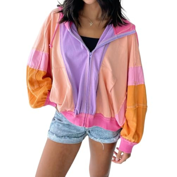 utcoco Women's 2024 Fall Zip Up Color Block Lightweight Jacket Casual Patchwork Oversized Hoodies Ja...