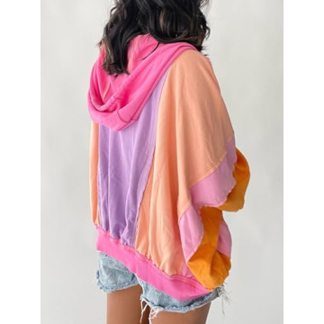 utcoco Women's 2024 Fall Zip Up Color Block Lightweight Jacket Casual Patchwork Oversized Hoodies Jackets Outwear (X-Large, Orange)