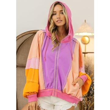 utcoco Women's 2024 Fall Zip Up Color Block Lightweight Jacket Casual Patchwork Oversized Hoodies Jackets Outwear (X-Large, Orange)