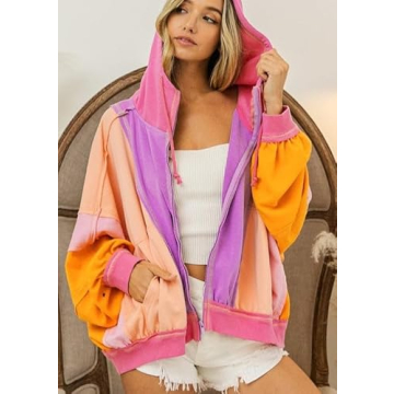 utcoco Women's 2024 Fall Zip Up Color Block Lightweight Jacket Casual Patchwork Oversized Hoodies Jackets Outwear (X-Large, Orange)