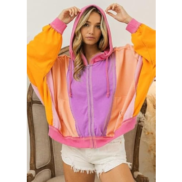 utcoco Women's 2024 Fall Zip Up Color Block Lightweight Jacket Casual Patchwork Oversized Hoodies Jackets Outwear (X-Large, Orange)