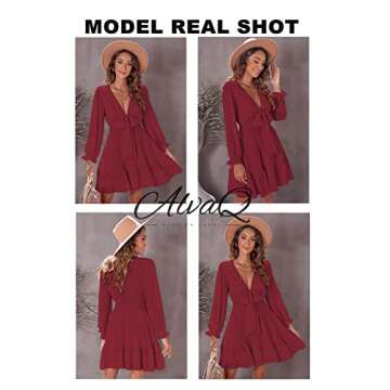 AlvaQ Womens Spring Summer Knot Front V Neck Ruffles Long Sleeve Swing Mini Dress Sundresses Red Large