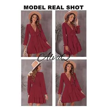 AlvaQ Womens Spring Summer Knot Front V Neck Ruffles Long Sleeve Swing Mini Dress Sundresses Red Large