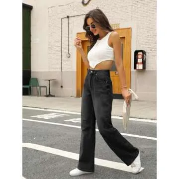 HDLTE Women's Black Wide Leg High Waist Denim Jeans