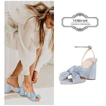 VIMISAOI Womens High Block Chunky Heel Sandals Fashion Open Toe Ankle Buckle Strap Pleated Bow Heel ...