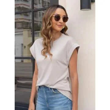 Disamer Cap Sleeve Summer Tops for Women Trendy 2025 Spring Fashion Short Cute Casual Tank Loose Fit Basic Tee Shirts,Apricot,Large