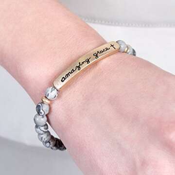 RIAH FASHION Cross Metallic Bar Beaded Stretch Bracelet - Religious Christian Strand Natural Stone, ...