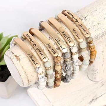 RIAH FASHION Cross Metallic Bar Beaded Stretch Bracelet - Religious Christian Strand Natural Stone, Sparkly Crystal Prayer Cuff Bangle (Amazing Grace - Grey Lace Agate)