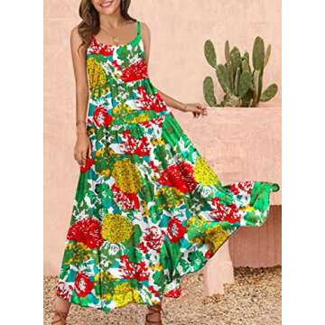 YESNO Summer Dresses for Women Casual Loose Bohemian Floral Dress with Pockets Spaghetti Strap Maxi Dress for Beach Vacation S E75 CR10