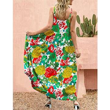 YESNO Summer Dresses for Women Casual Loose Bohemian Floral Dress with Pockets Spaghetti Strap Maxi Dress for Beach Vacation S E75 CR10