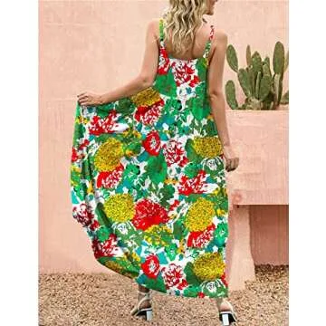 YESNO Summer Dresses for Women Casual Loose Bohemian Floral Dress with Pockets Spaghetti Strap Maxi Dress for Beach Vacation S E75 CR10